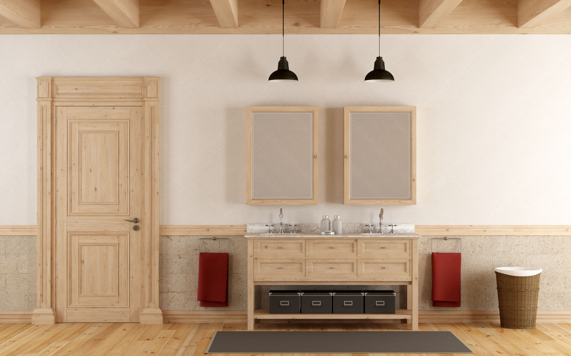 Bathroom in rustic style with double sink and closed door - 3d rendering